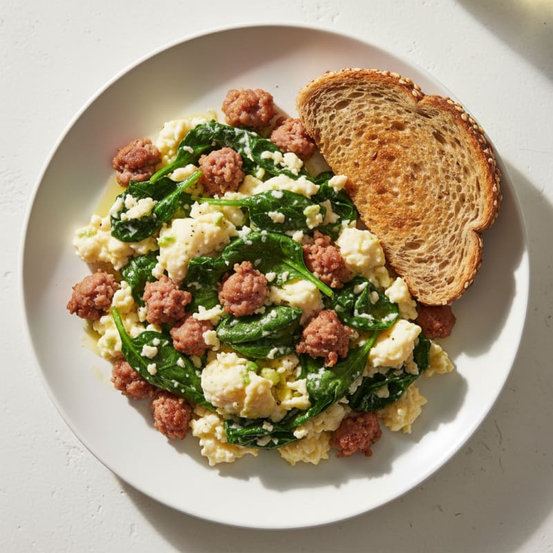 Scrambled Egg Whites with Turkey Sausage and Sautéed Spinach