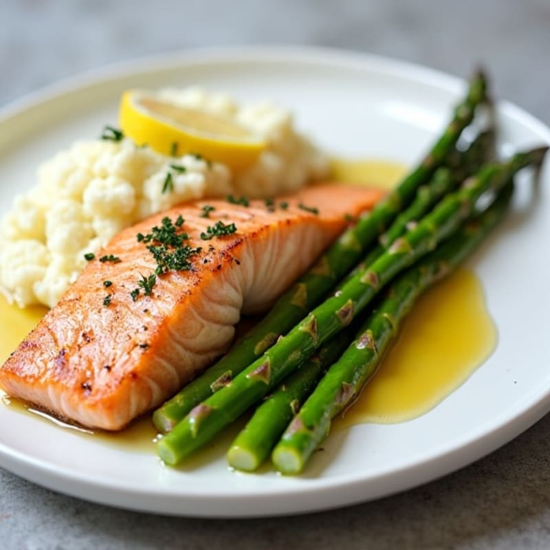 Seared Salmon with Steamed Asparagus and Cauliflower Mash