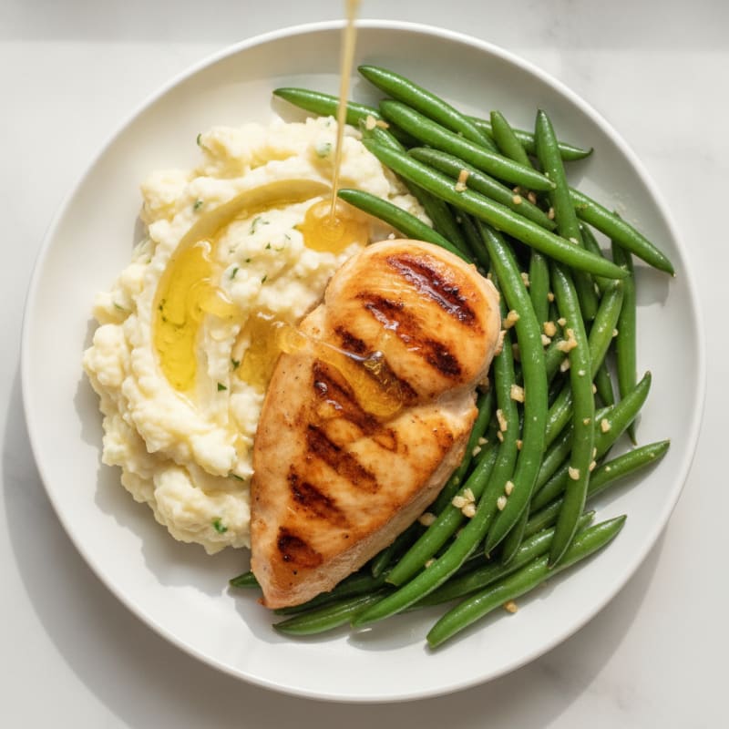 Seared Chicken Breast with Garlic Green Beans and Mashed Cauliflower