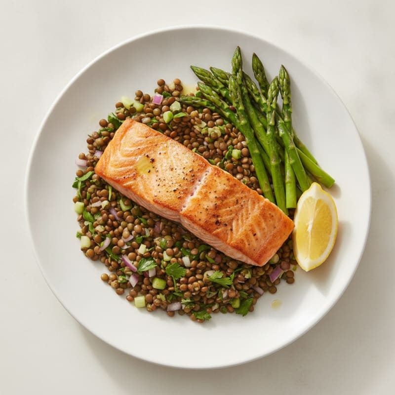 Seared Salmon with Steamed Asparagus and Lentil Salad