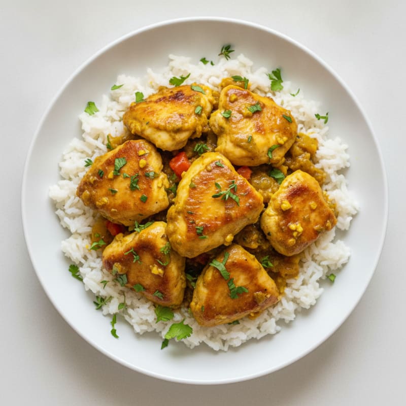 Jamaican Curried Chicken Thighs with Coconut Rice
