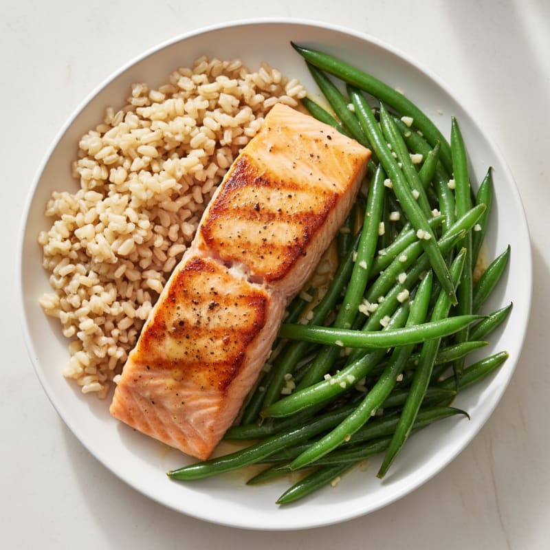 Seared Salmon with Garlic Green Beans and Brown Rice
