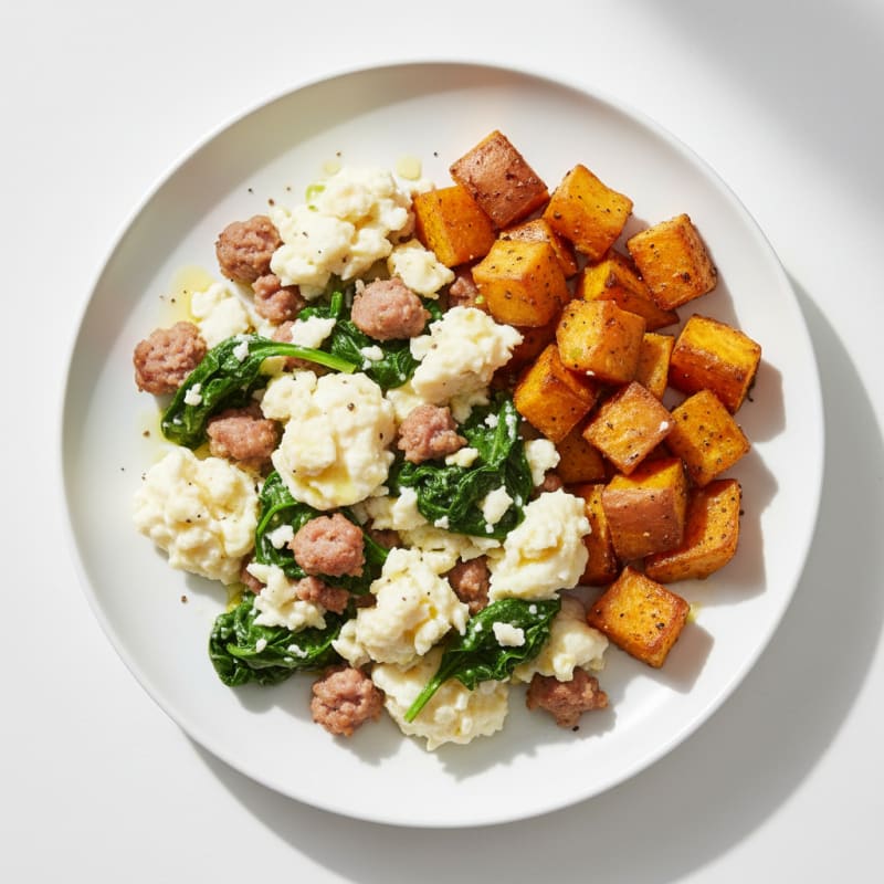 Egg White and Turkey Sausage Scramble with Spinach and Roasted Sweet Potato