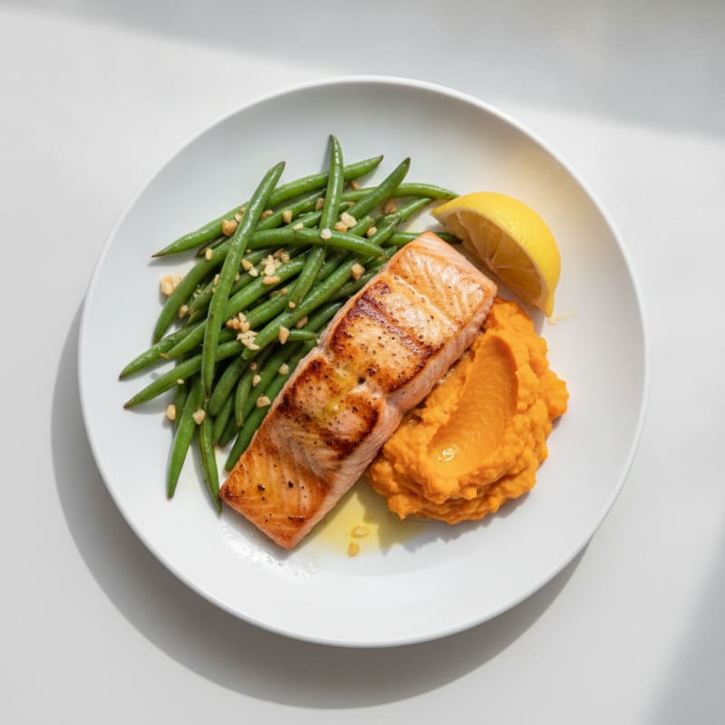 Seared Salmon with Garlic Green Beans and Sweet Potato Mash