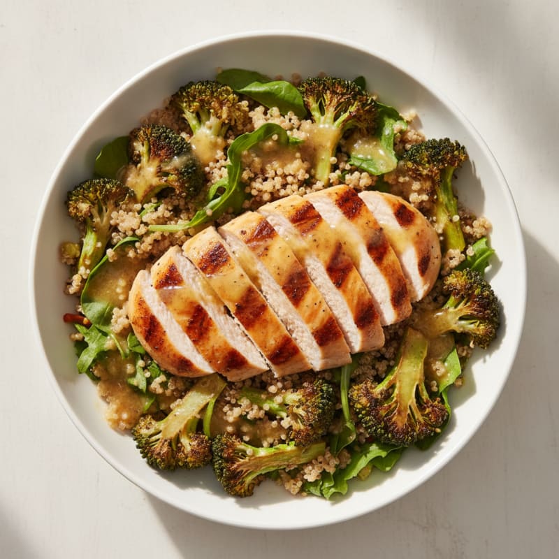 Grilled Chicken Breast Salad with Quinoa and Roasted Broccoli
