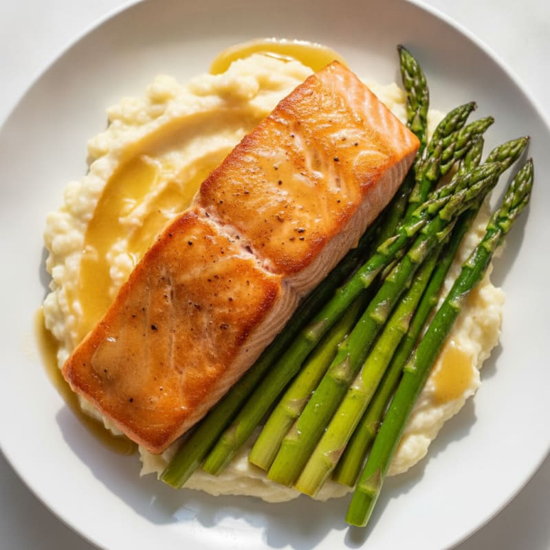 Seared Salmon with Roasted Asparagus and Cauliflower Mash