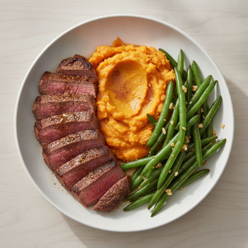 Seared Lean Beef with Garlic Green Beans and Sweet Potato Mash