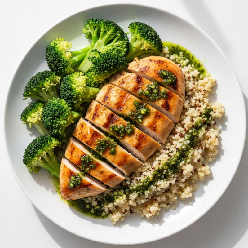 Grilled Lemon-Garlic Chicken Breast with Quinoa and Steamed Broccoli