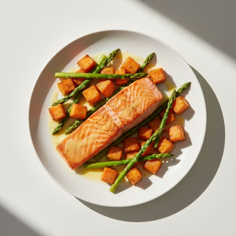 Seared Salmon with Roasted Sweet Potatoes and Asparagus