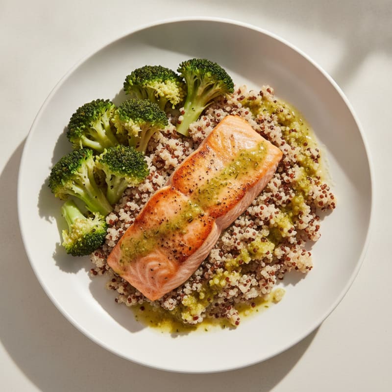 Seared Salmon with Steamed Broccoli and Quinoa