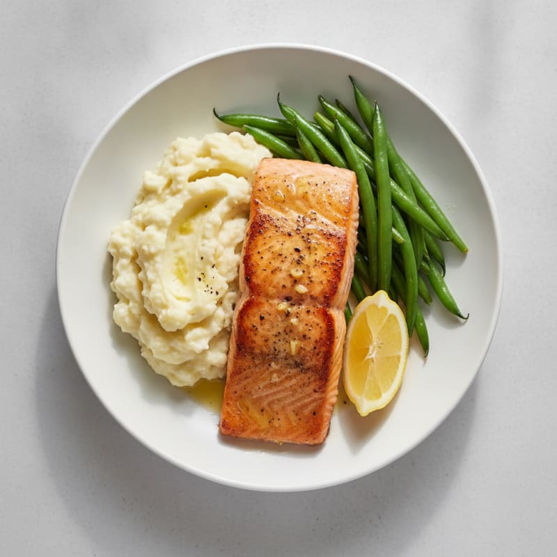 Seared Salmon with Steamed Green Beans and Garlic Mashed Cauliflower