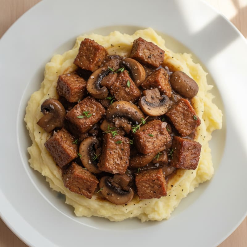 Mushroom Seitan Ragout with Creamy Mashed Potatoes