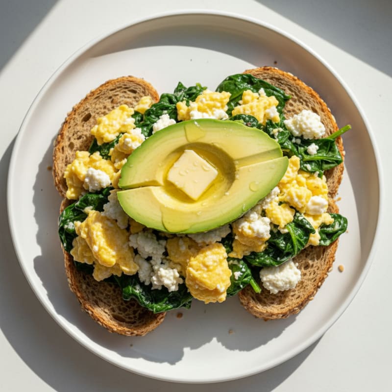 Scrambled Eggs with Cottage Cheese and Sautéed Spinach