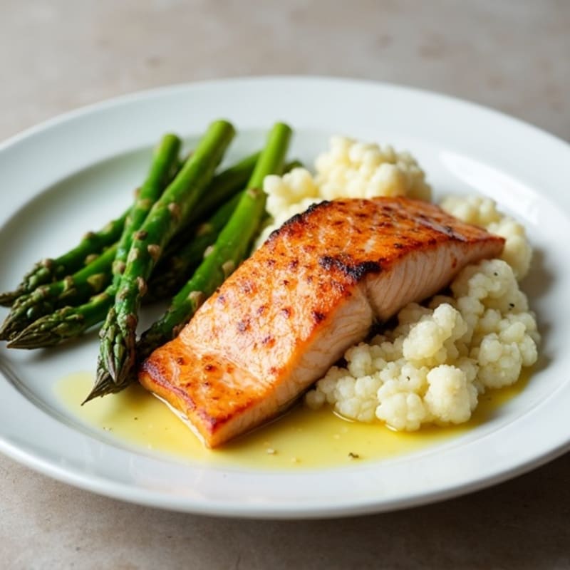 Seared Salmon with Steamed Asparagus and Garlic Cauliflower Mash