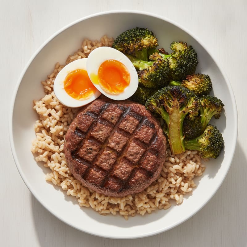 Grilled Hamburger Patty Bowl with Brown Rice and Roasted Broccoli