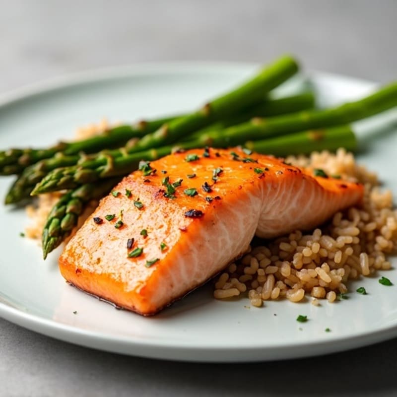 Seared Salmon Fillet with Steamed Asparagus and Brown Rice