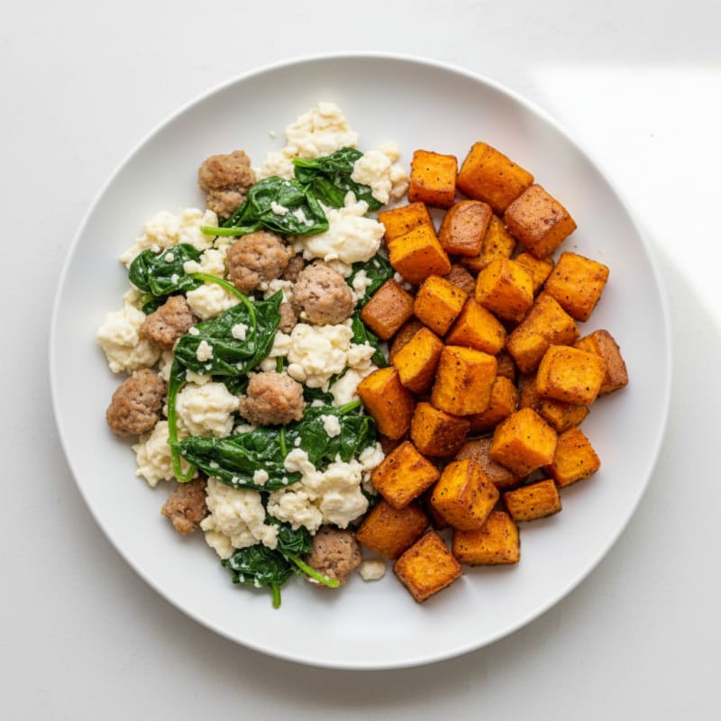 Egg White and Turkey Sausage Scramble with Spinach and Roasted Sweet Potatoes