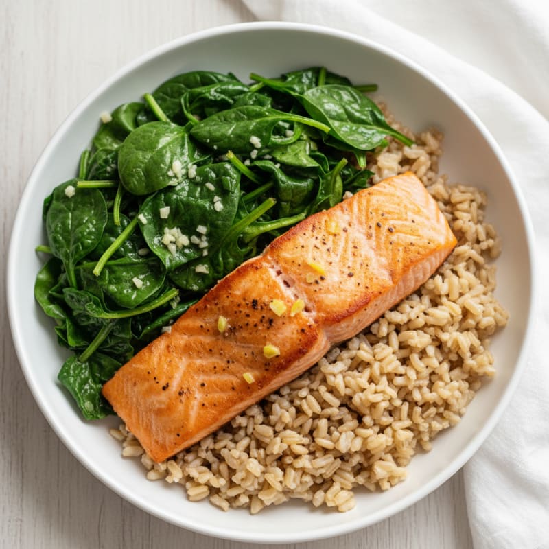 Seared Salmon Fillet with Garlic Spinach and Brown Rice