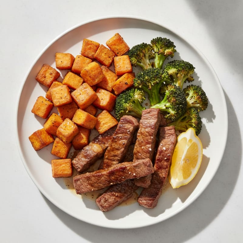 Seared Beef Strips with Roasted Broccoli and Sweet Potato