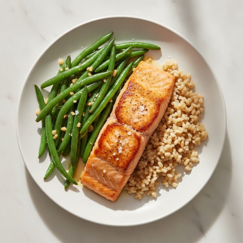 Seared Salmon with Garlic Green Beans and Brown Rice