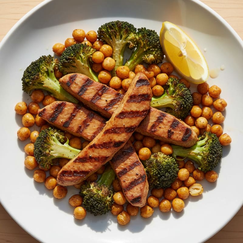 Grilled Seitan with Roasted Broccoli and Chickpeas