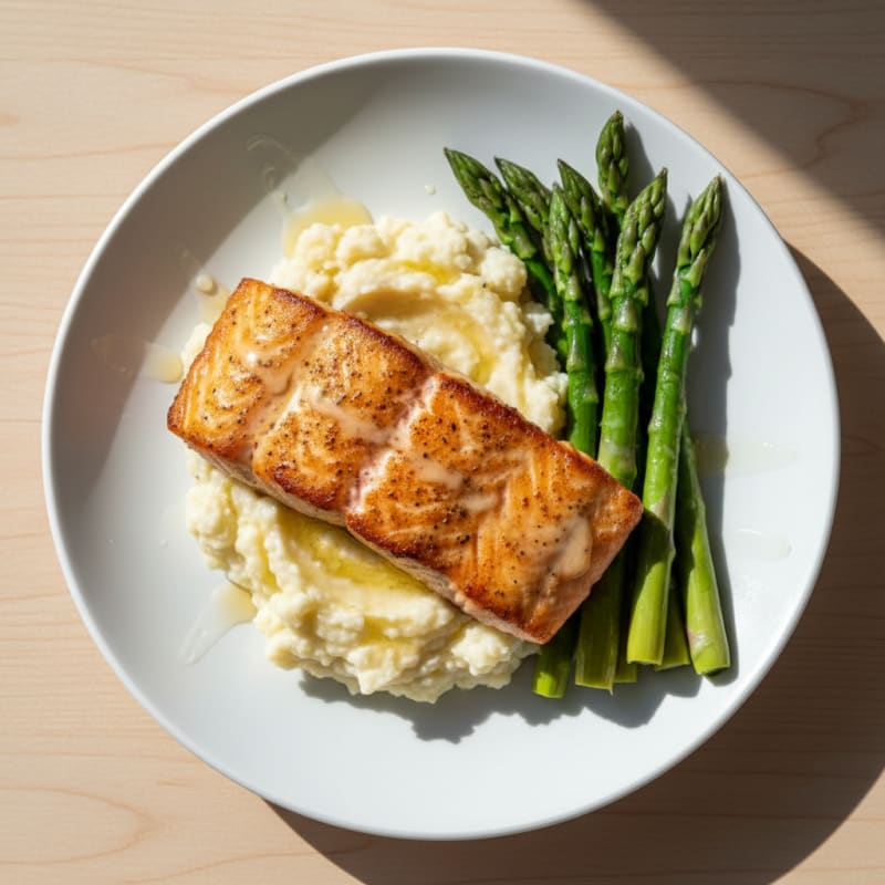 Seared Salmon with Steamed Asparagus and Garlic Mashed Cauliflower