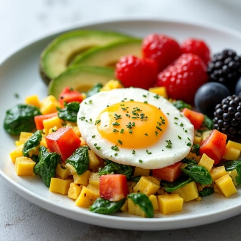 Egg White Veggie Scramble with Cottage Cheese and Fresh Berries
