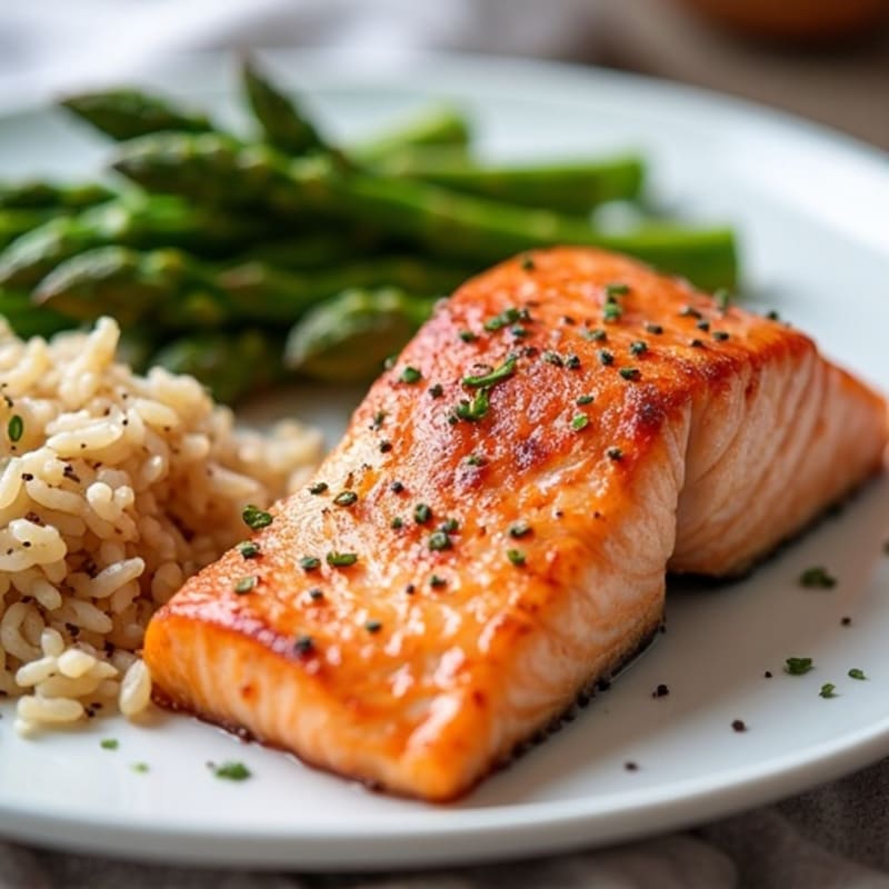 Seared Salmon Fillet with Steamed Asparagus and Brown Rice