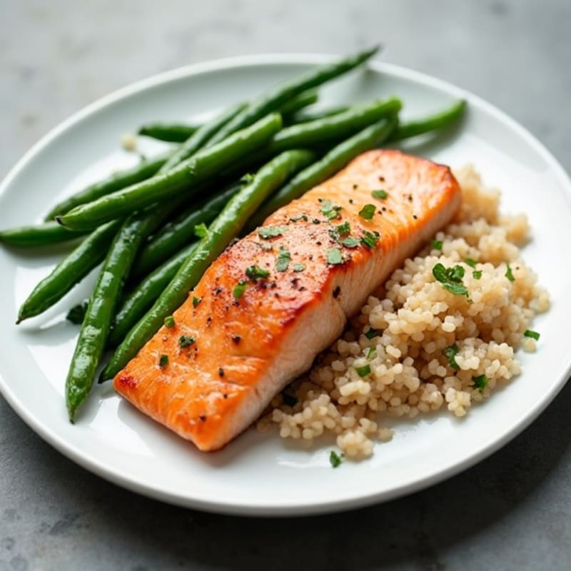 Seared Salmon with Garlic Green Beans and Brown Rice