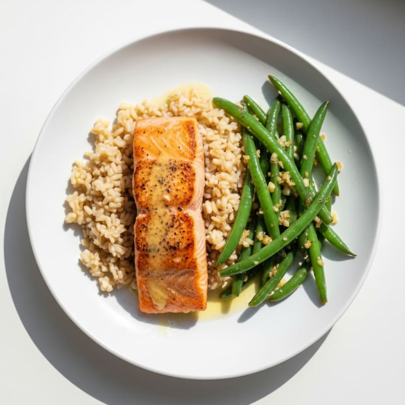 Seared Salmon with Garlicky Green Beans and Brown Rice