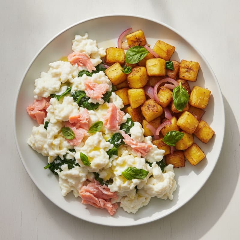 Egg White and Smoked Salmon Scramble with Plantain Hash