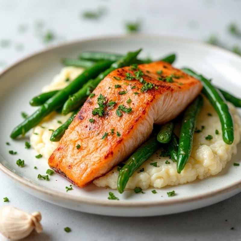 Seared Salmon with Garlic Green Beans and Cauliflower Mash