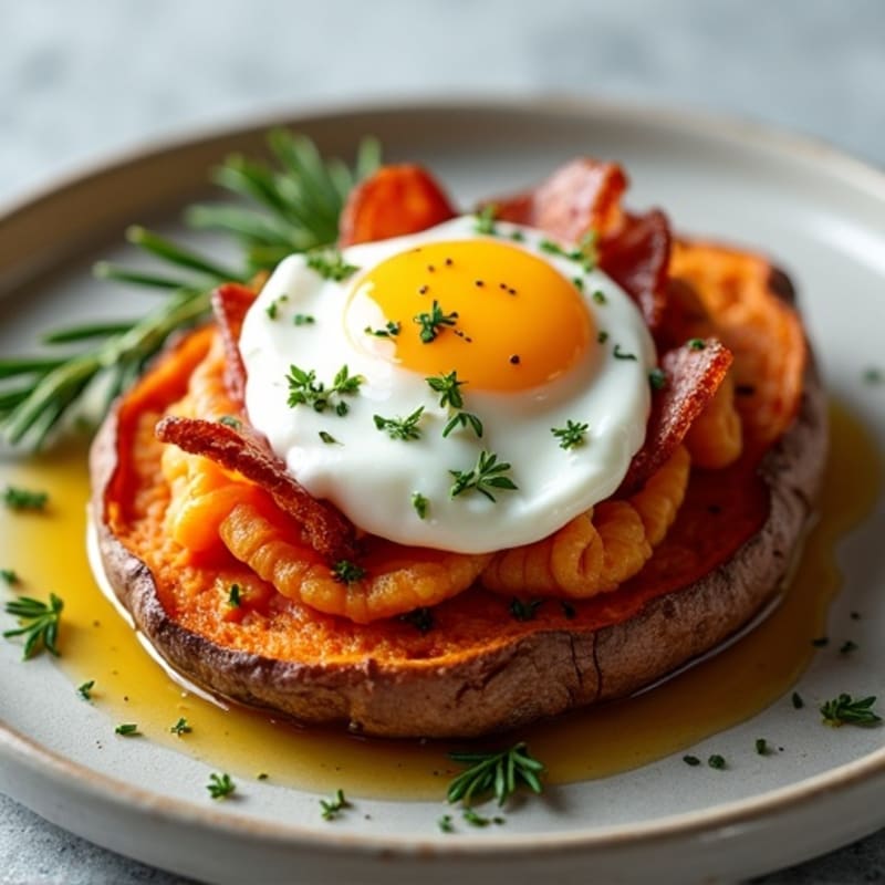 Herb-Roasted Sweet Potato with Greek Yogurt and Turkey Bacon