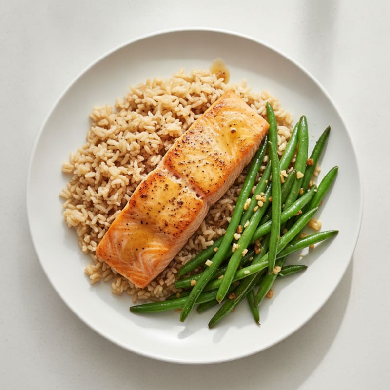 Seared Salmon with Garlic Green Beans and Brown Rice