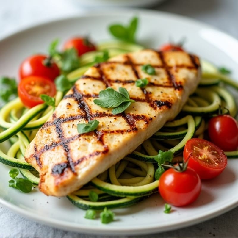 Grilled Chicken Breast with Zucchini Noodles and Cherry Tomatoes