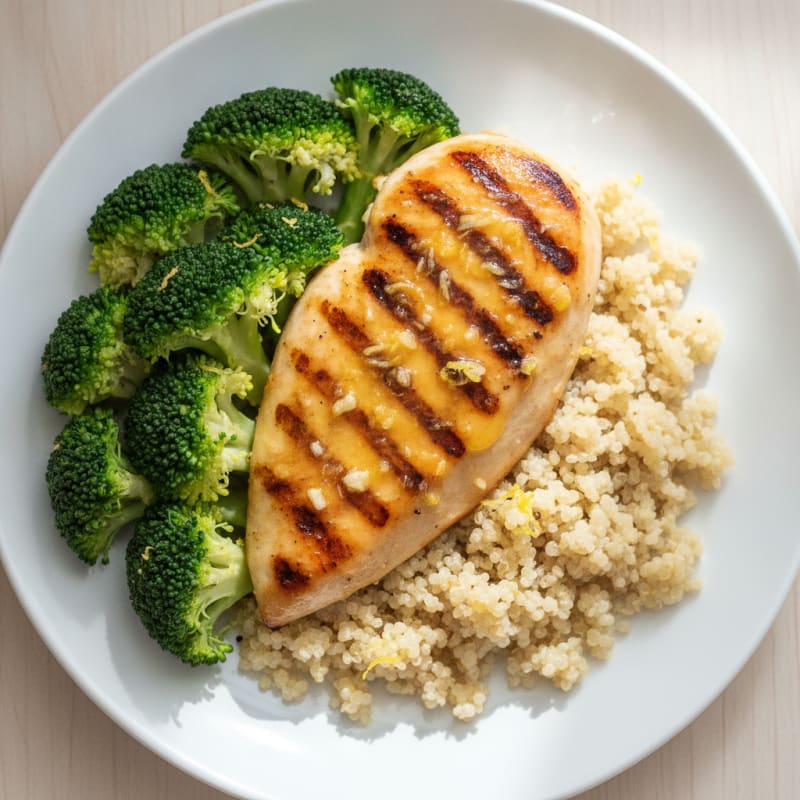 Grilled Chicken Breast with Steamed Broccoli and Quinoa