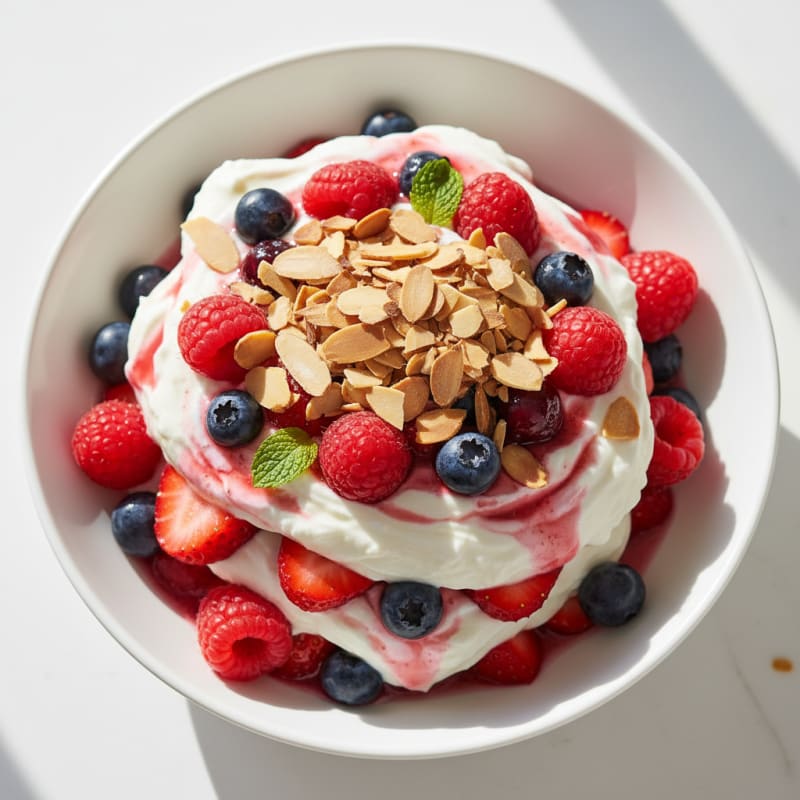 Greek Yogurt Protein Parfait with Mixed Berries and Almonds