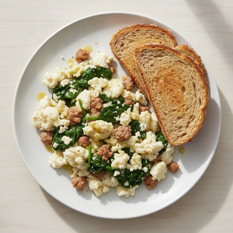 Egg White Scramble with Turkey Sausage and Sautéed Spinach