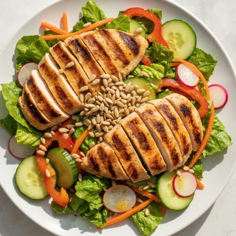 Grilled Chicken Breast Salad with Crunchy Vegetables and Lemon Vinaigrette
