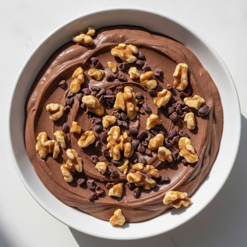 High-Protein Greek Yogurt with Chocolate Protein Powder and Chopped Walnuts