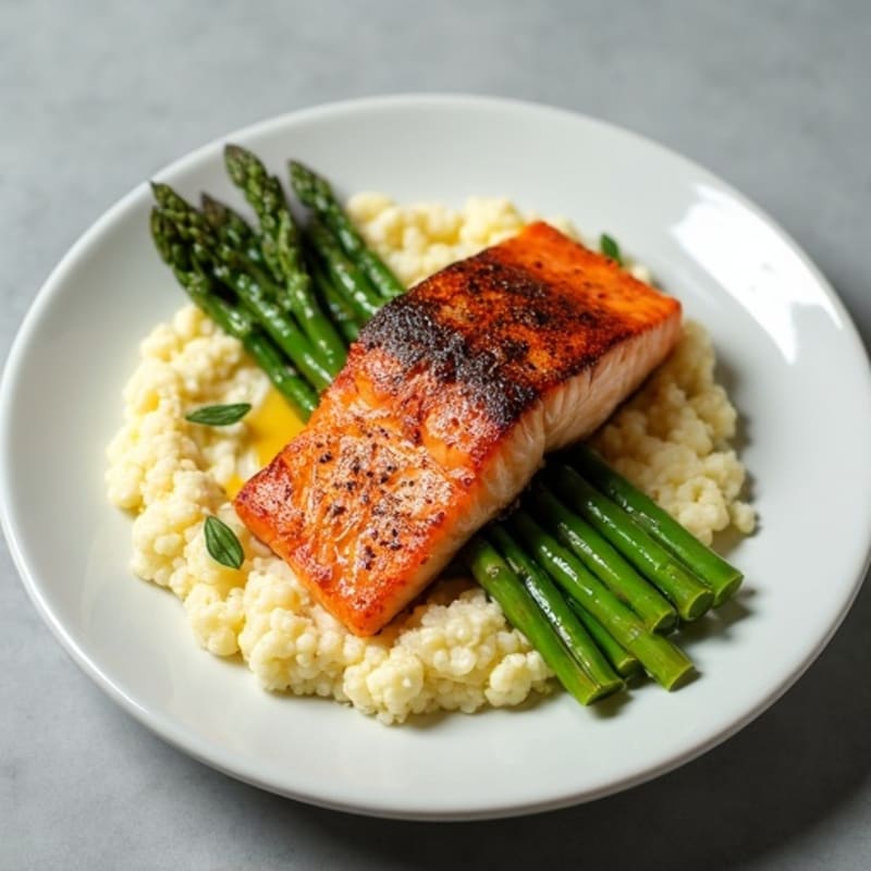 Seared Salmon with Steamed Asparagus and Cauliflower Mash