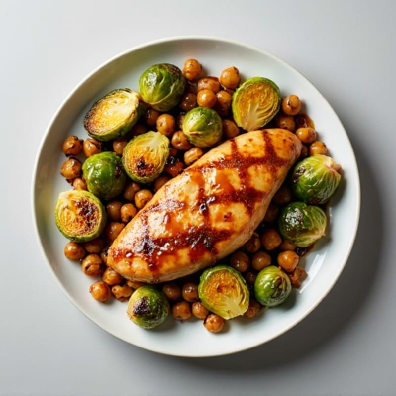 Honey-Balsamic Glazed Crispy Brussels Sprouts with Chicken & Chickpeas