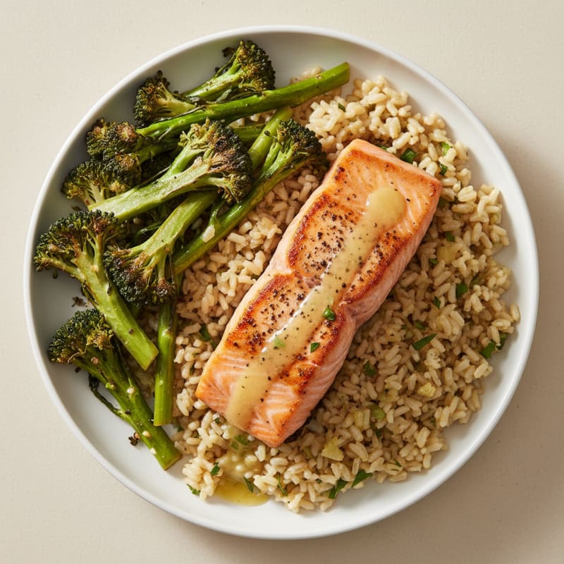 Seared Salmon with Roasted Broccoli and Lemon-Garlic Brown Rice