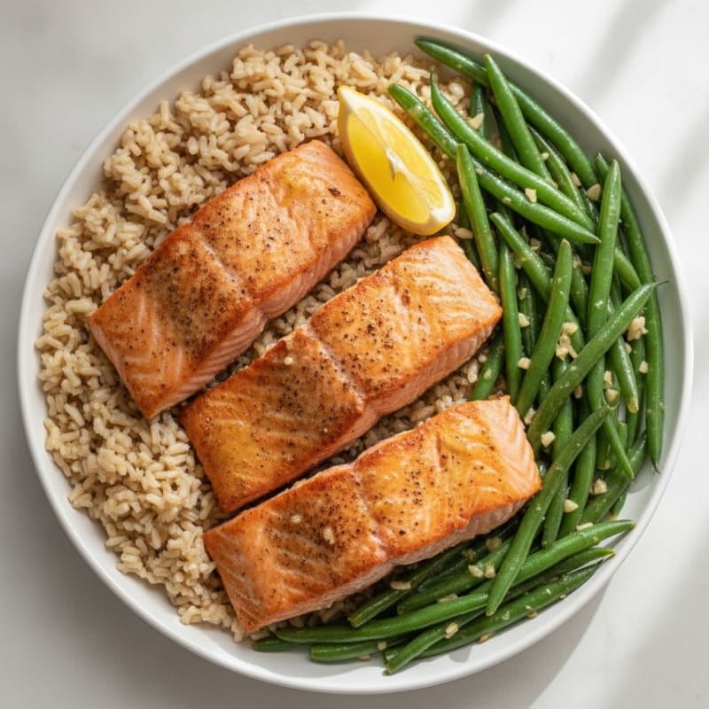 Seared Salmon with Garlic Green Beans and Brown Rice