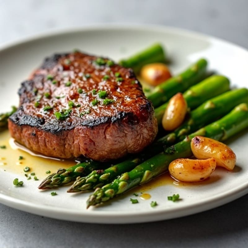 Pan-Seared Steak with Roasted Asparagus and Garlic