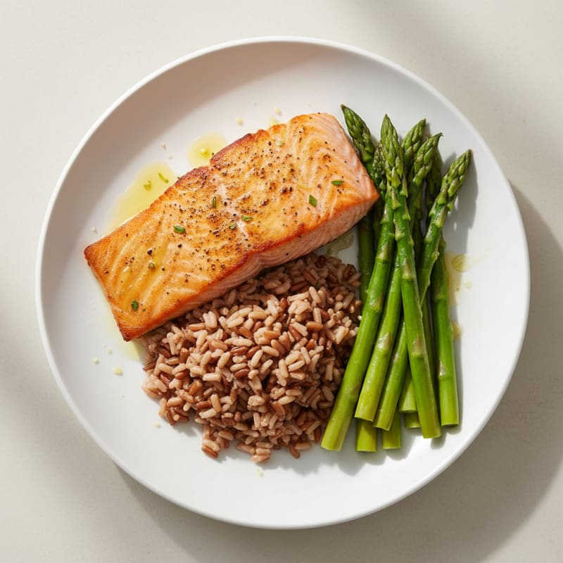 Seared Salmon with Steamed Asparagus and Brown Rice