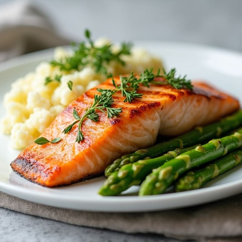 Seared Salmon with Steamed Asparagus and Garlic Mashed Cauliflower