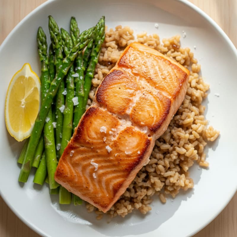 Seared Salmon Fillet with Steamed Asparagus and Brown Rice