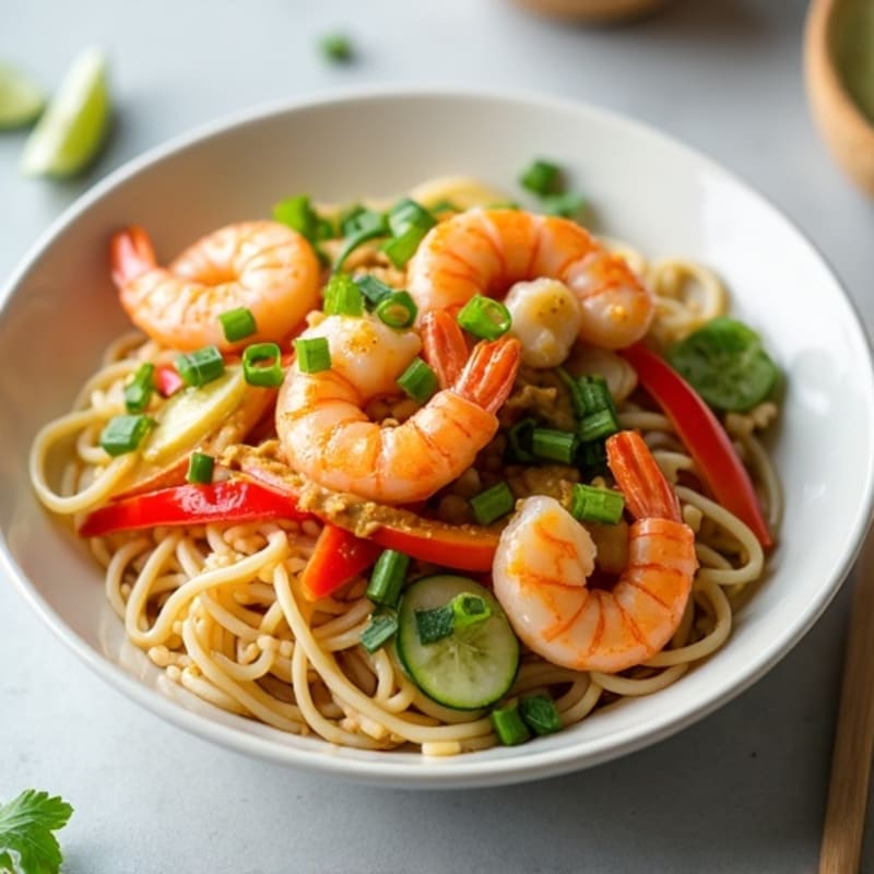 Shrimp with Tangy Peanut Rice Noodles and Fresh Vegetables