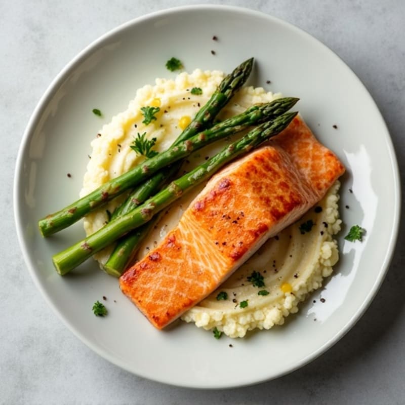 Seared Salmon Fillet with Roasted Asparagus and Cauliflower Mash